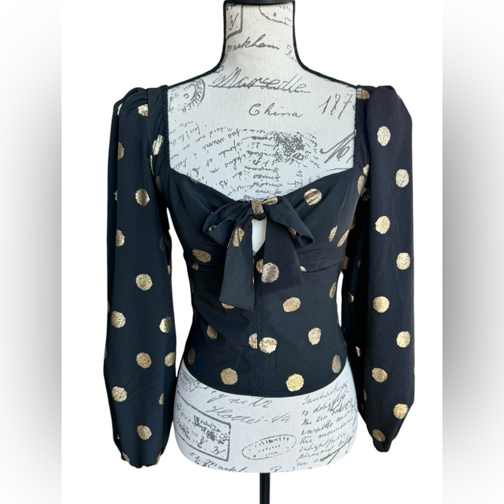 Urban Outfitters Rosalind Puff Sleeve Top Black and Gold Womens Size Small - Picture 2 of 13